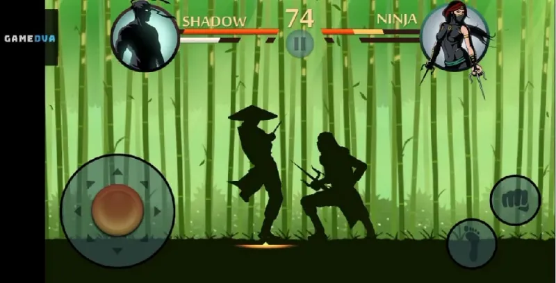 Hình ảnh gameplay Shadow Fight 2 với đồ họa bóng đen và cảnh chiến đấu.