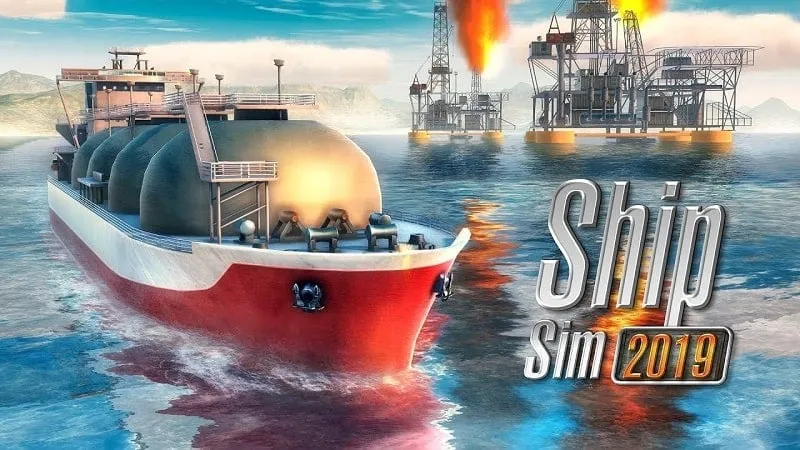 Tangkapan layar gameplay Ship Sim 2019 menampilkan kapal kargo besar yang menavigasi pelabuhan yang sibuk.