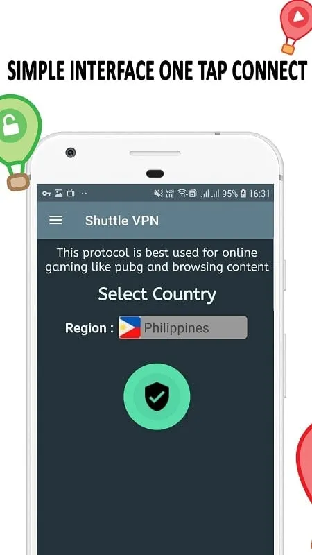 Shuttle VPN mod hiển thị lựa chọn quốc gia