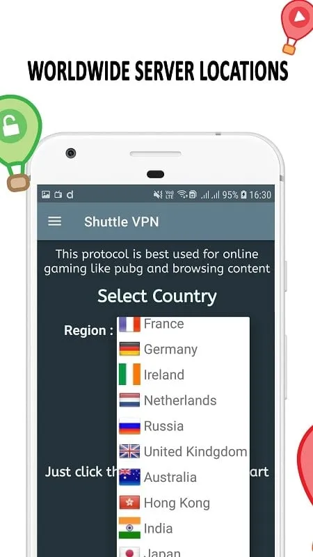 Giao diện Shuttle VPN mod hiển thị các tính năng premium