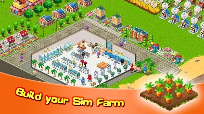 Interfaz del mod de Sim Farm mostrando recursos ilimitados.