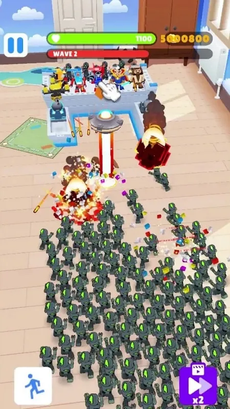 In-game footage of Small Soldiers showcasing upgraded soldiers and defensive structures due to unlimited coins.