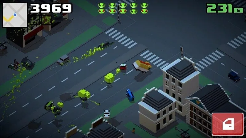 Tangkapan layar gameplay Smashy Road Wanted 2 yang menunjukkan kejar-kejaran polisi.