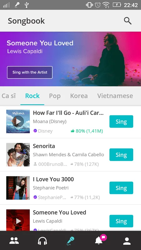 Interfaz de Smule mostrando la selección de canciones y funciones VIP