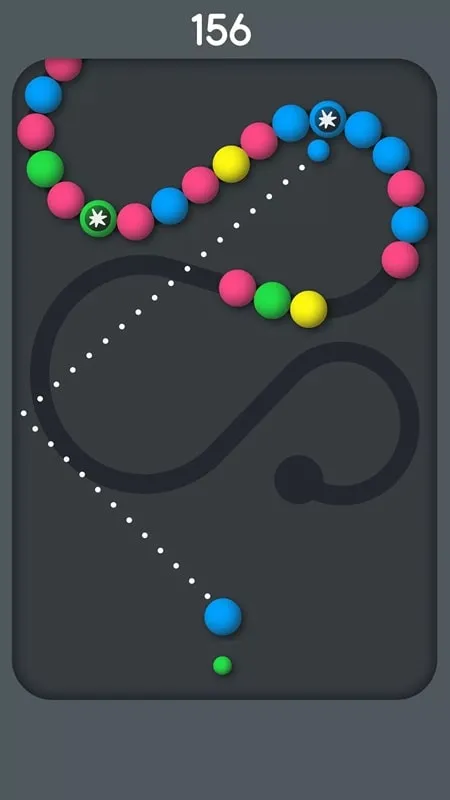 Screenshot of a challenging level in Snake Balls with a complex ball chain.