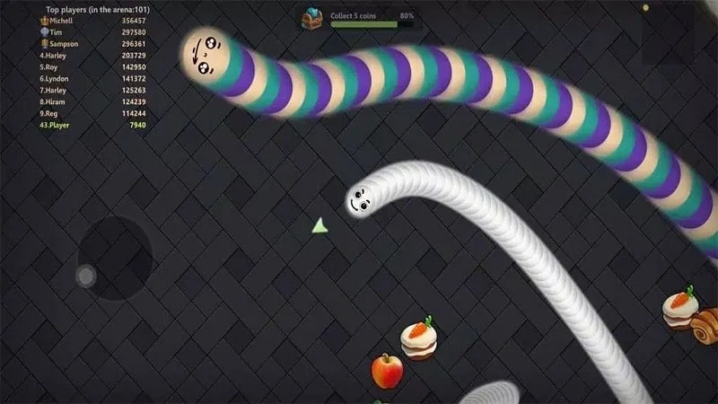 Close-up view of Snake Lite gameplay with a focus on the snake and surrounding dots.
