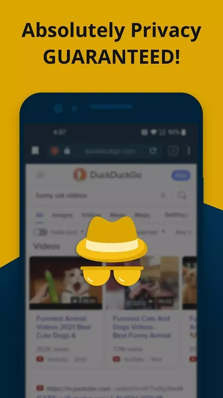 Interfaz del mod Snap Search Incognito Browser mostrando las funciones premium