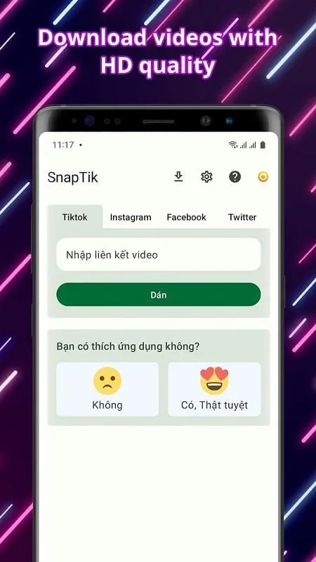 SnapTik mod interface with download link visible