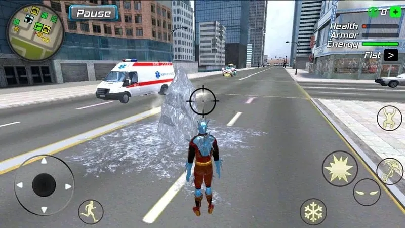 Utilizando habilidades infinitas para congelar inimigos em Snow Storm Superhero.