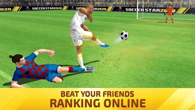 Jogador chutando a bola em uma partida de Soccer Star 2022.