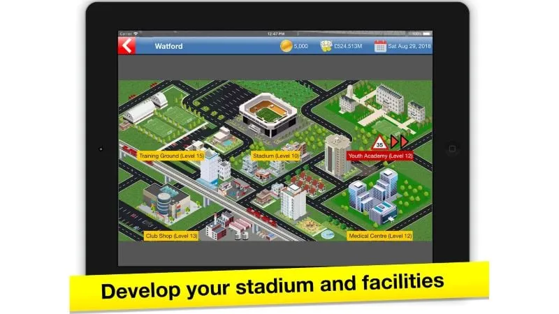 Representação visual das atualizações de construção e opções de personalização disponíveis no Soccer Tycoon.