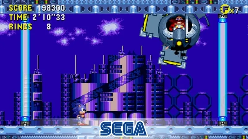 Captura de tela da jogabilidade mostrando os recursos desbloqueados no Sonic CD Classic.