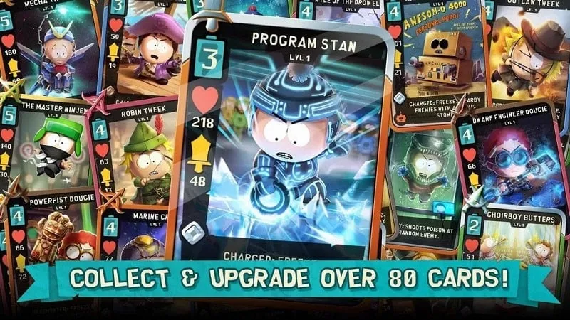 Actualización de cartas de personaje para aumentar las estadísticas y habilidades en South Park MOD APK.