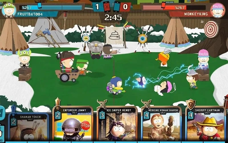 Ejemplo de cómo usar maná infinito para liberar poderosas habilidades en South Park MOD APK.