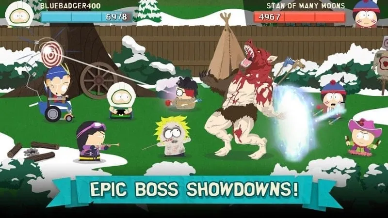 Jugabilidad de South Park MOD APK mostrando la pantalla de selección de personajes.