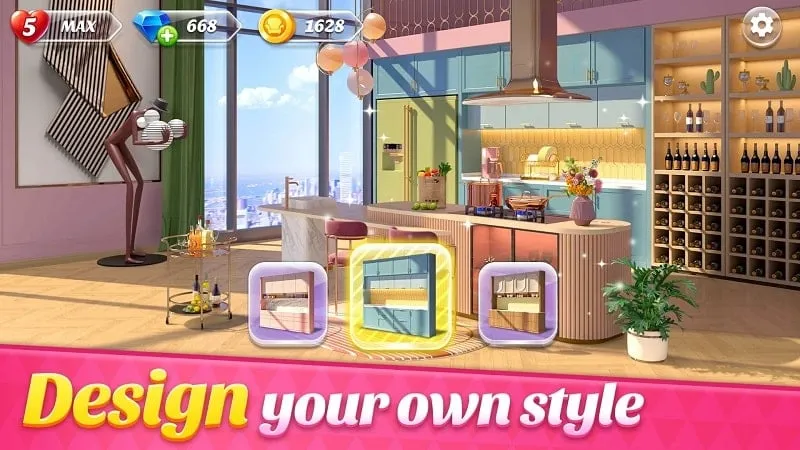 Ảnh chụp màn hình trong game hiển thị tính năng vô hạn tiền trong Space Decor Mansion MOD APK.