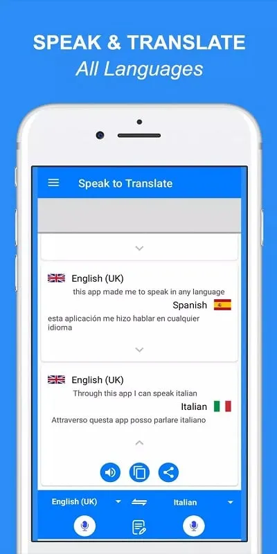 Giao diện ứng dụng Speak and Translate All languages Voice Translator mod hiển thị các tính năng premium