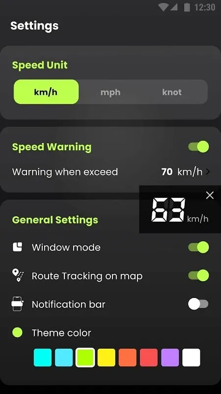 Speedometer mod apk interface with customizable display options