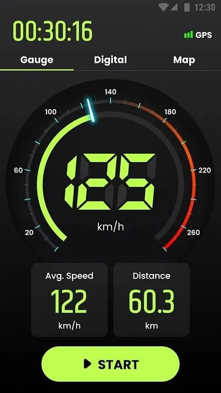 Speedometer mod apk interface showing speed and distance tracking
