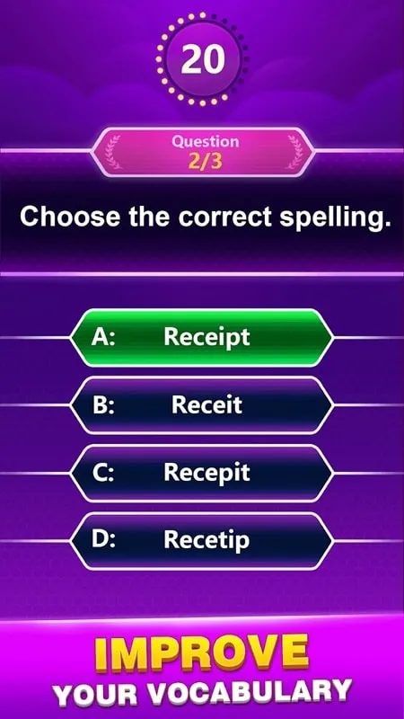 Ảnh chụp màn hình trò chơi Spelling Quiz hiển thị các tùy chọn và tính năng trong trò chơi.