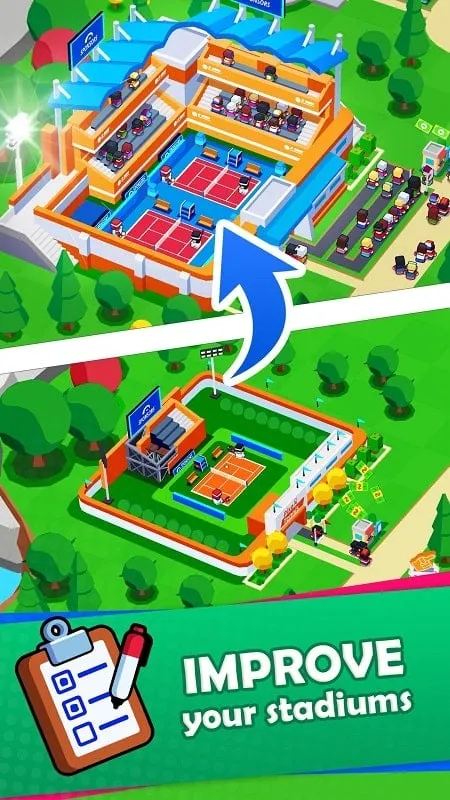 Screenshot of Sports City Tycoon gameplay illustrating the various sports facilities and city management options.