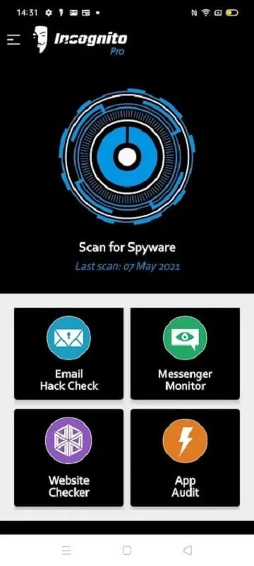 Interfaz de Spyware Detector Spy Scanner mod mostrando funciones premium