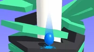 A screenshot of the Stack Ball game in action, showing the ball breaking through colorful platforms.