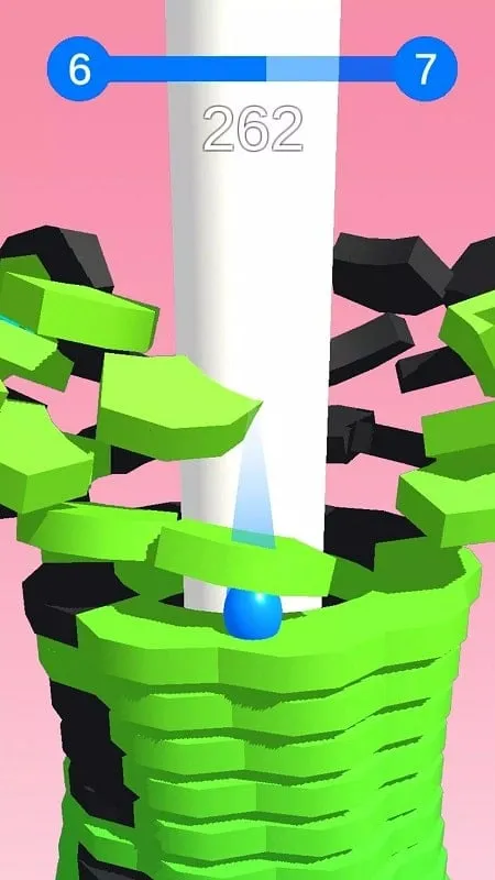 A visual representation of the gameplay in Stack Ball, with the ball rapidly descending through the tower.