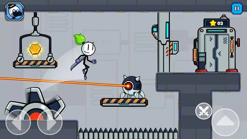 Karakter Stickman melawan robot di Stick Fight Prison Escape.