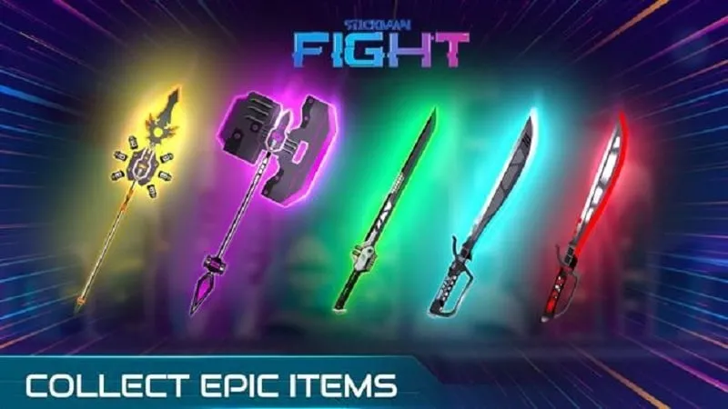 Seleccionando armas en Stickman Fight Infinity MOD APK.