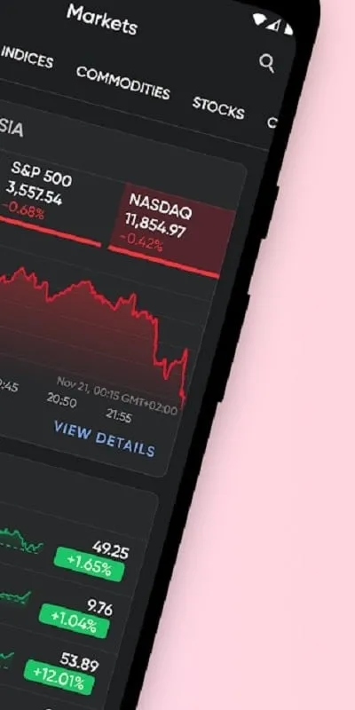 Stoxy PRO mod showing market indices