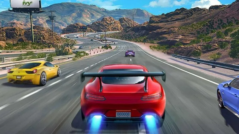 Tampilan gameplay Street Racing 3D dengan mobil balap keren.