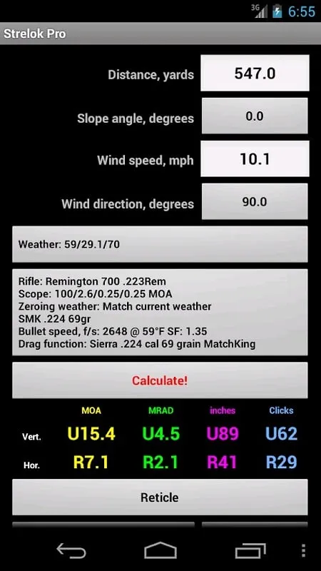 Strelok Pro calculating shot adjustments