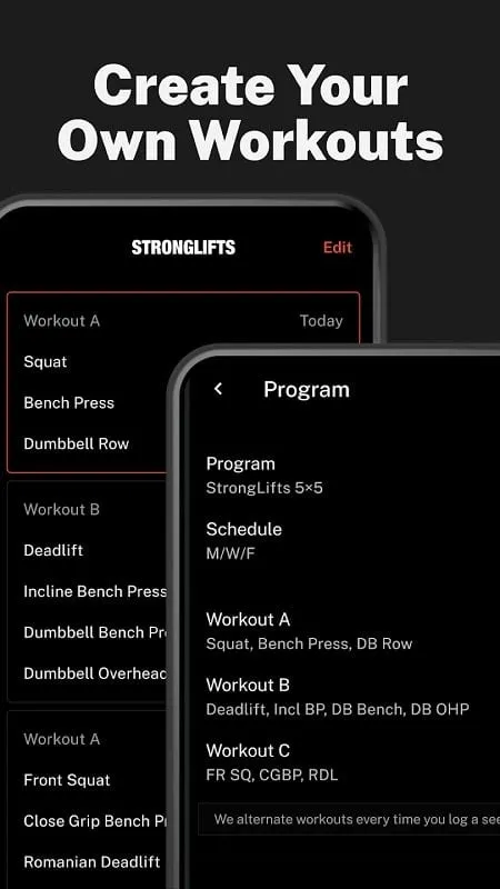 Menu pengaturan pengguna StrongLifts Weight Lifting Log