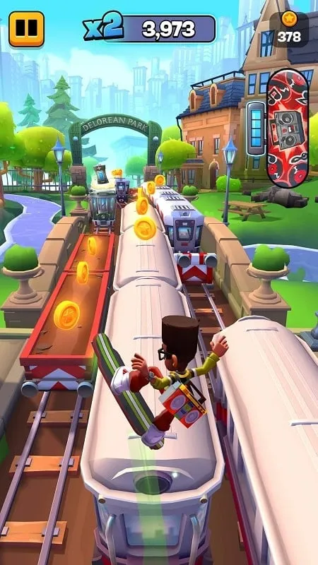 Selecionando personagens e skates no Subway Surfers City MOD.