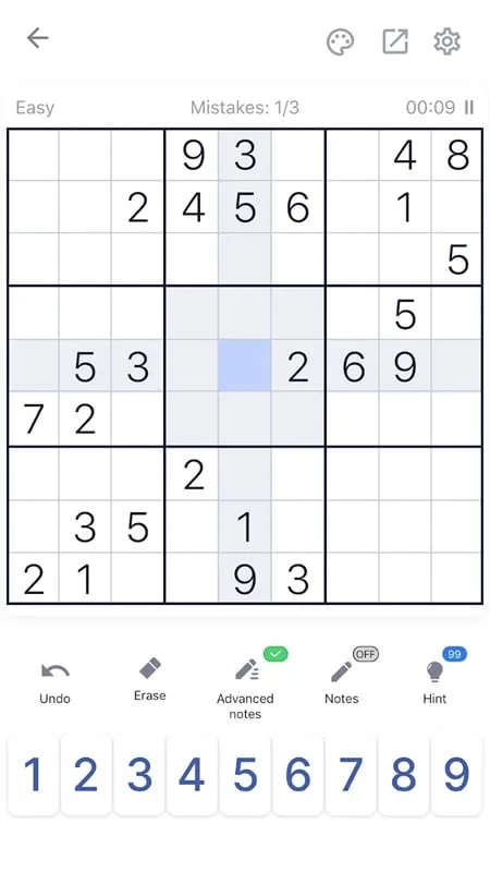 Example of a completed Sudoku puzzle with highlighted correct numbers.