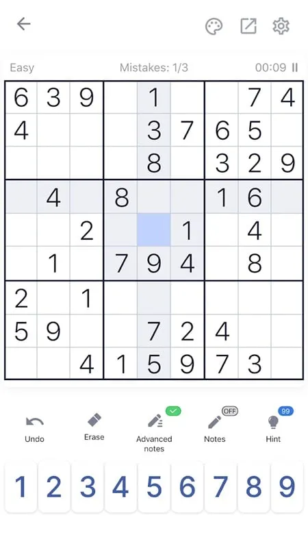 In-game screenshot displaying the use of a hint in Sudoku.