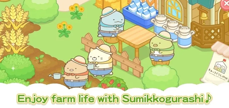 Karakter Sumikkogurashi berinteraksi di pertanian.