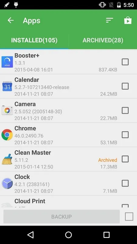 Super Backup and Restore Mod APK mostrando opções de backup