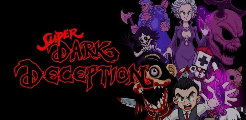 Tela do jogo Super Dark Deception mostrando o ambiente escuro e assustador.