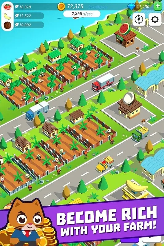 In-game screenshot of Super Idle Cats showcasing the farm layout and gameplay.