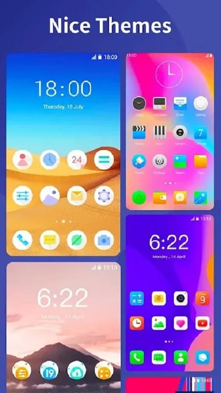 Hiển thị các chủ đề và tùy chọn tùy chỉnh khác nhau có sẵn trong Super N Launcher mod