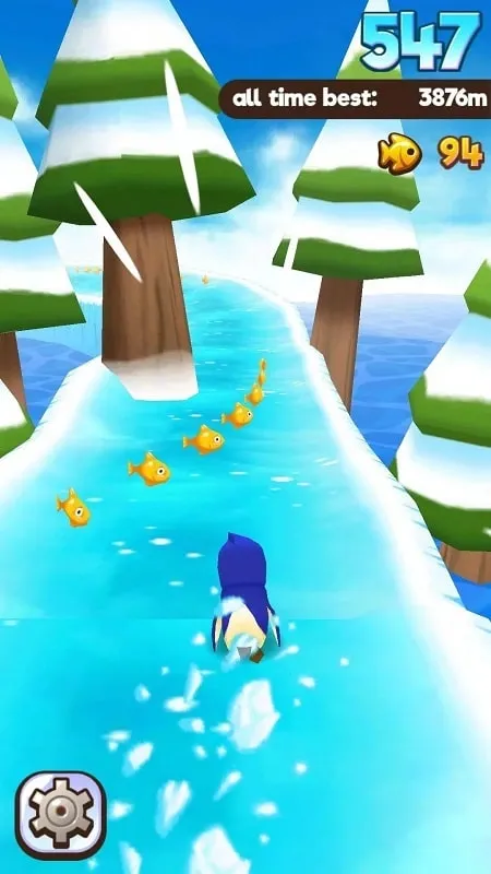 Pingüinos deslizándose por el hielo y esquivando obstáculos en Super Penguins.