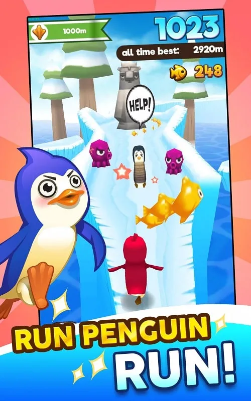 Pantalla de selección de personajes en Super Penguins con diferentes pingüinos y habilidades.