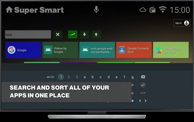 Antarmuka Super Smart TV Launcher dengan tata letak yang dikustomisasi