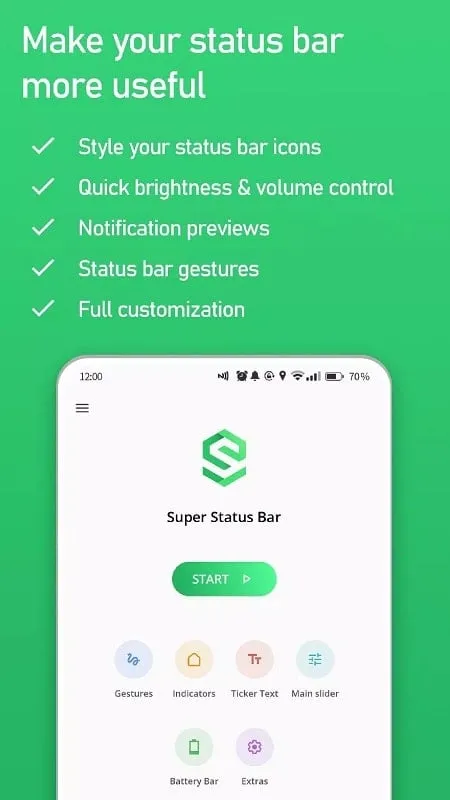 Interface do mod Super Status Bar mostrando recursos premium