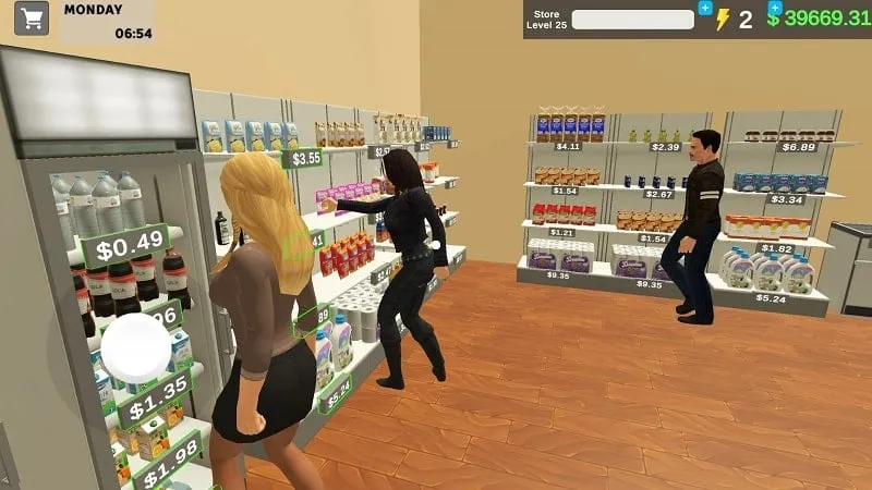 Mengisi rak di Supermarket Business Simulator.