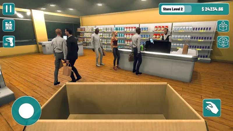 Screenshot of the Supermarket Cashier Manager game displaying various product shelves.