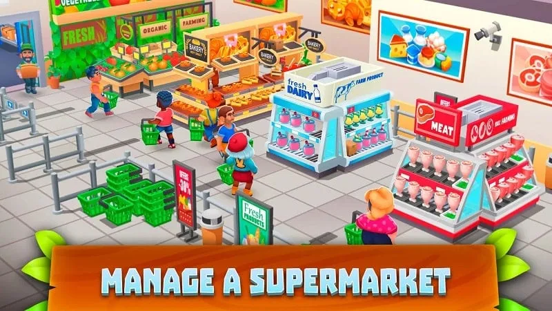 Persona sosteniendo un celular con el juego Supermarket Village en la pantalla.