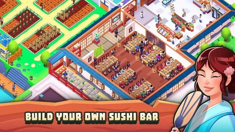 Ví dụ về lối chơi trong Sushi Empire Tycoon cho thấy tương tác của khách hàng.